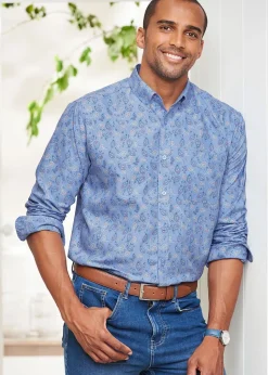 Cotton Traders Powder Blue Long Sleeve Easy-Iron Print Shirt