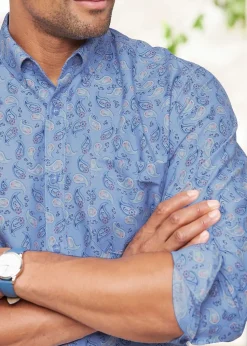 Cotton Traders Powder Blue Long Sleeve Easy-Iron Print Shirt