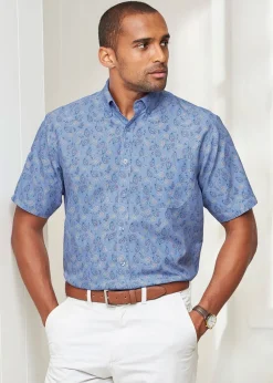Cotton Traders Powder Blue Short Sleeve Easy-Iron Print Shirt