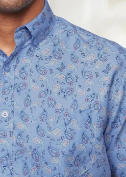 Cotton Traders Powder Blue Short Sleeve Easy-Iron Print Shirt