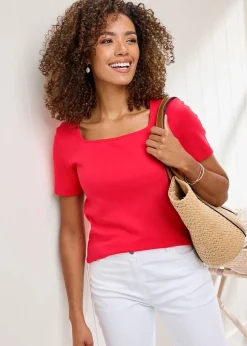 Cotton Traders Red Wrinkle Free Short Sleeve Square Neck Top
