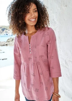 Cotton Traders Rose Pink Broderie Pintuck Blouse