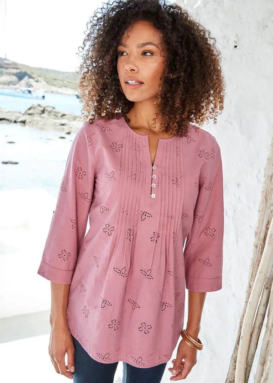 Cotton Traders Rose Pink Broderie Pintuck Blouse