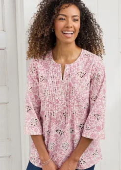 Cotton Traders Rose Pink Print Broderie Pintuck Blouse