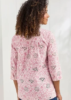 Cotton Traders Rose Pink Print Broderie Pintuck Blouse
