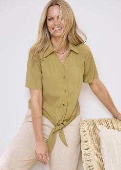 Cotton Traders Sage Green Tie Waist Blouse