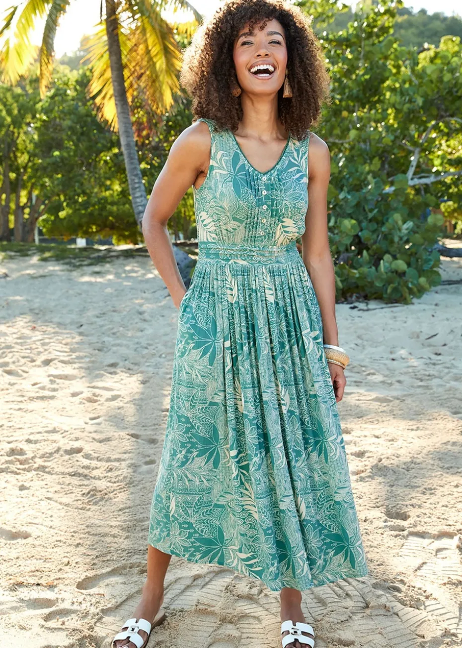 Cotton Traders Sea Green Printed Crinkle Maxi Dress