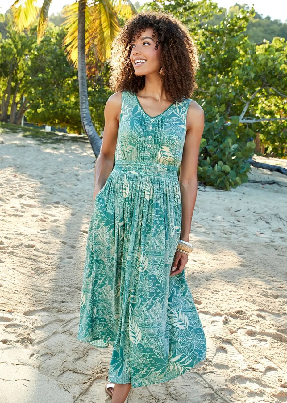 Cotton Traders Sea Green Printed Crinkle Maxi Dress