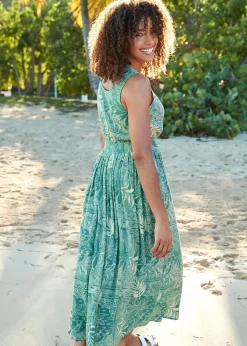 Cotton Traders Sea Green Printed Crinkle Maxi Dress