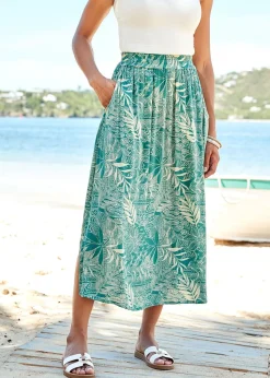 Cotton Traders Sea Green Pull-On Printed Crinkle Maxi Skirt