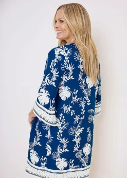 Cotton Traders Sky Blue Long Printed Kimono