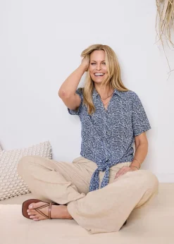 Cotton Traders Sky Blue Printed Tie Waist Blouse