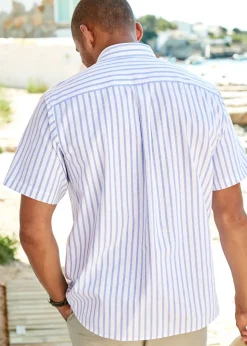 Cotton Traders Soft Blue Short Sleeve Patterned Oxford Shirt