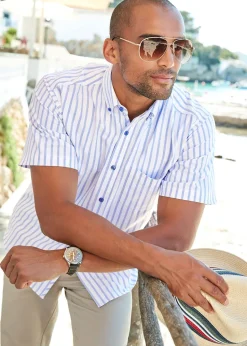 Cotton Traders Soft Blue Short Sleeve Patterned Oxford Shirt