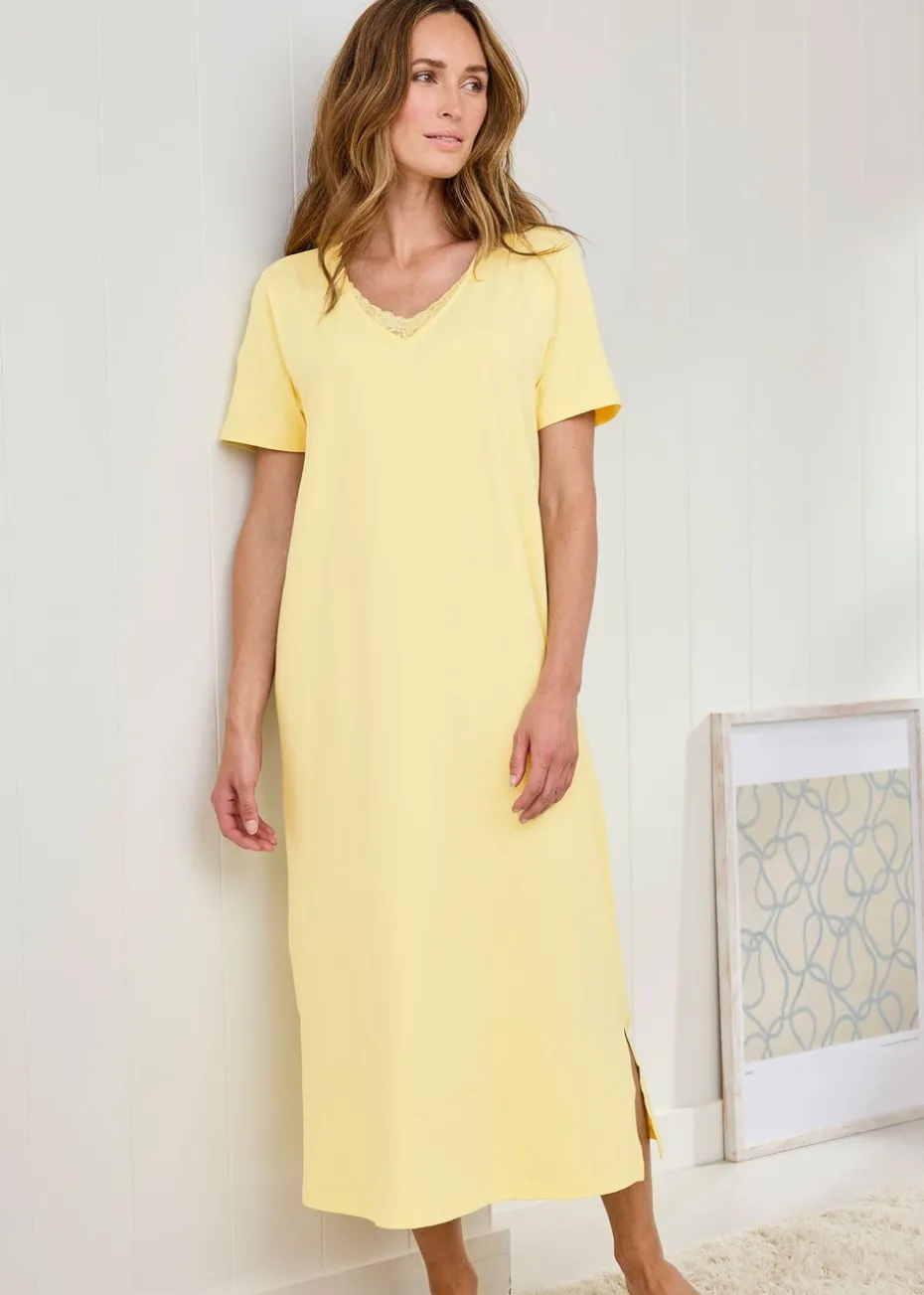 Cotton Traders Soft Lemon Lace Trim Nightdress