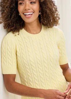 Cotton Traders Soft Yellow Short Sleeve Cable Jumper