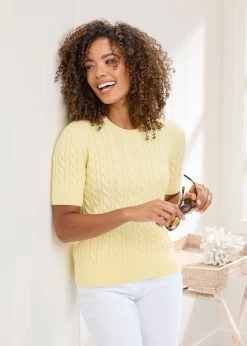 Cotton Traders Soft Yellow Short Sleeve Cable Jumper