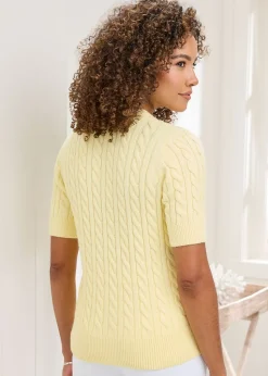 Cotton Traders Soft Yellow Short Sleeve Cable Jumper