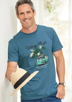 Cotton Traders Steel Blue Printed T-Shirt