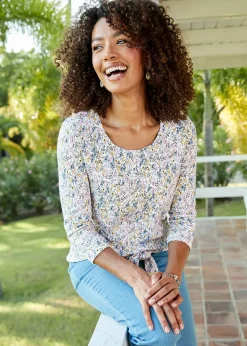 Cotton Traders Washed Iris 3/4 Sleeve Tie Waist Print Textured Top