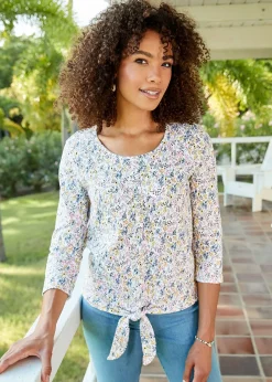 Cotton Traders Washed Iris 3/4 Sleeve Tie Waist Print Textured Top