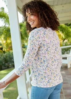 Cotton Traders Washed Iris 3/4 Sleeve Tie Waist Print Textured Top