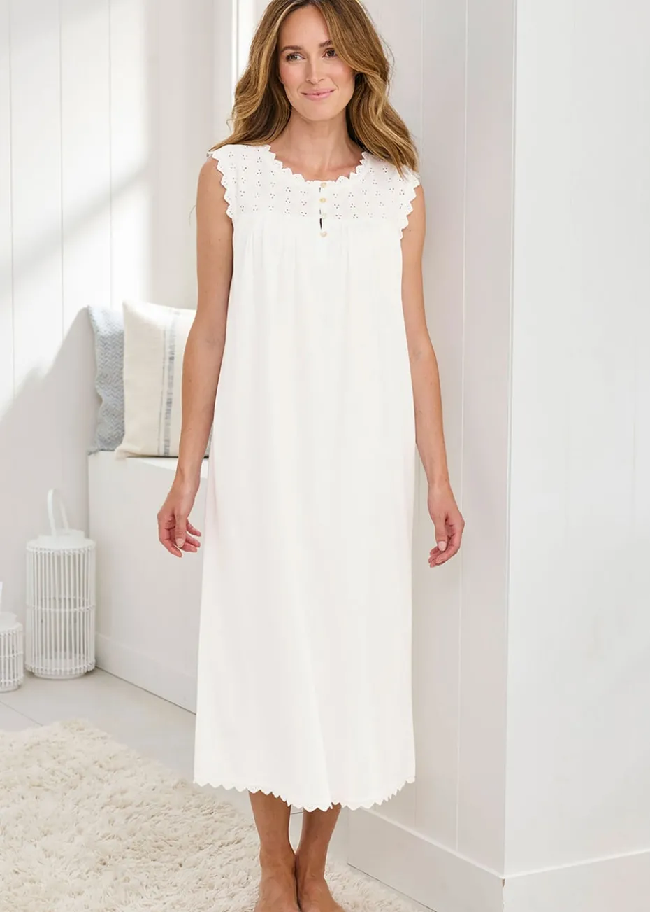 Cotton Traders White Sleeveless Broderie Nightdress
