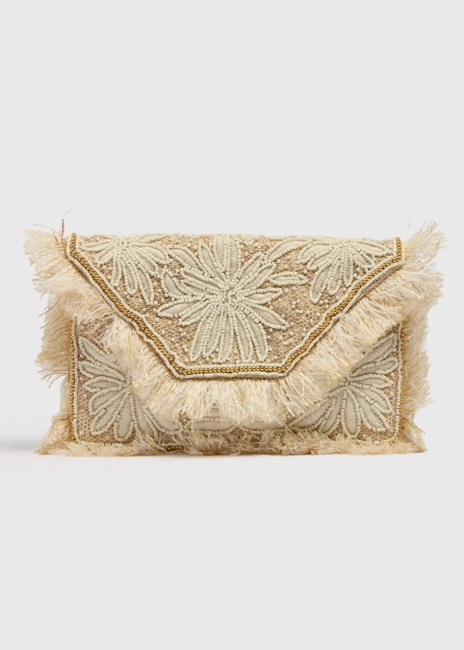 Cream Beaded Clutch Bag