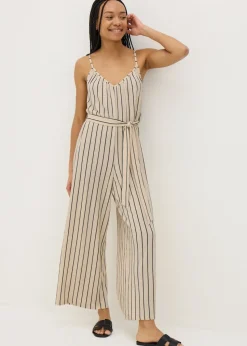 Cream Stripe Wide Leg Jersey Jumpsuit