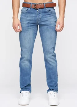 Crosshatch Blue Wash Farrowed PU Belted Jean