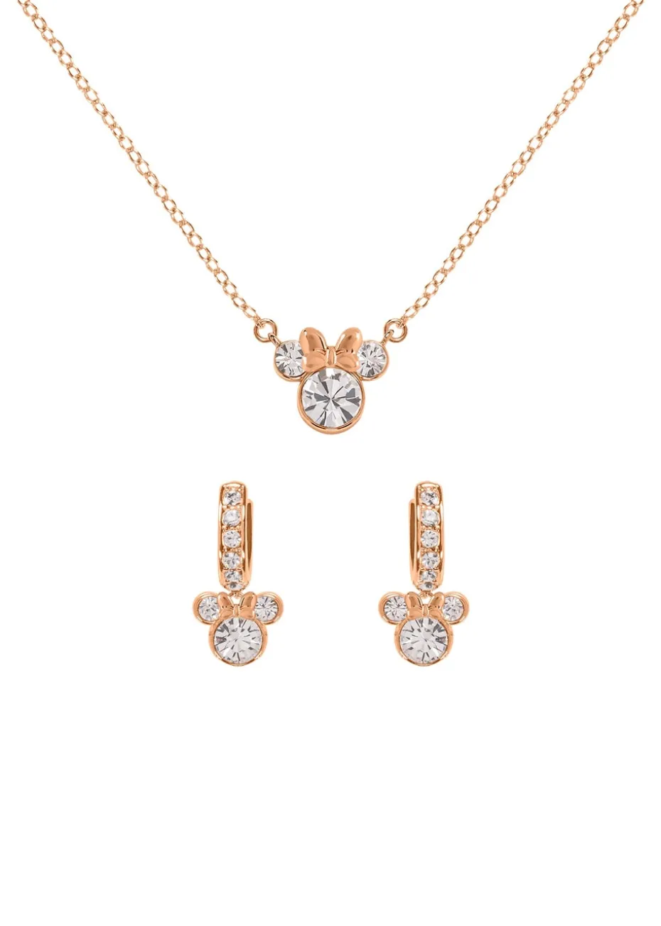 Disney Minnie Mouse Rose Gold Plated Crystal Hoop Earrings & Necklace Set