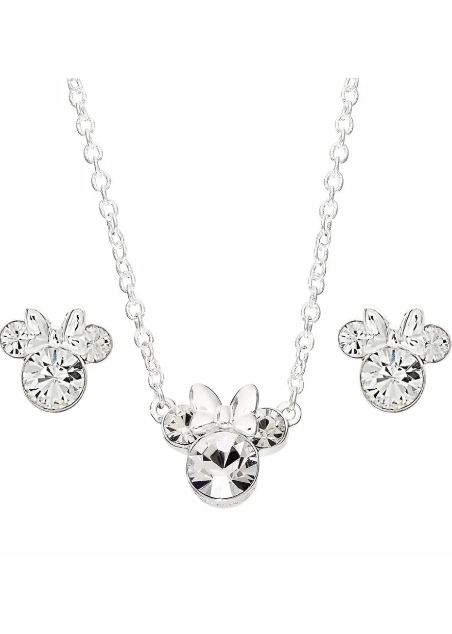 Disney Minnie Mouse Silver Plated Crystal Necklace & Stud Earring Set