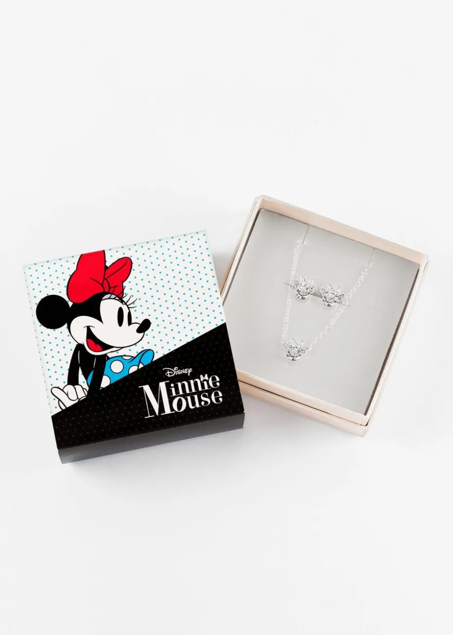 Disney Minnie Mouse Silver Plated Crystal Necklace & Stud Earring Set