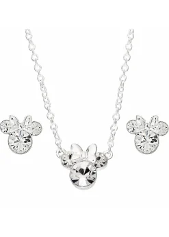 Disney Minnie Mouse Silver Plated Crystal Necklace & Stud Earring Set