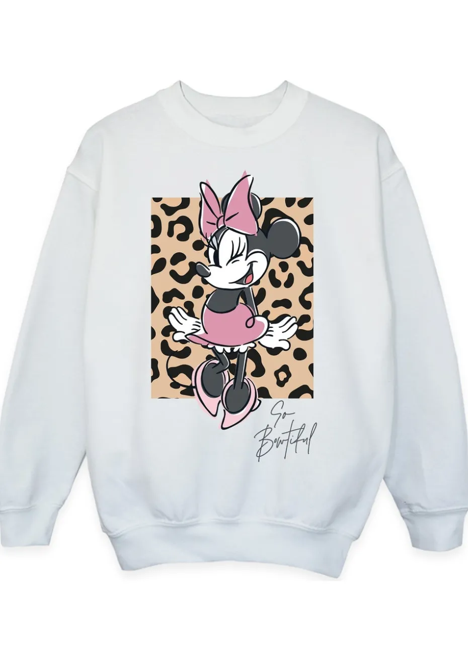 Disney Minnie Mouse So Bowtiful Leopard Girls White Sweatshirt (3-13 Years)