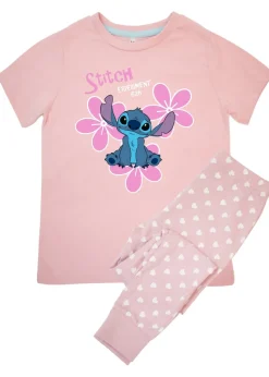 Disney Stitch Flowers Girls Baby Pink Hearts Pyjamas (3-8 Years)