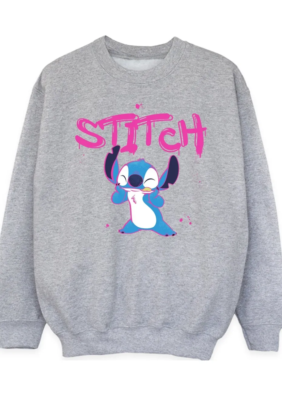 Disney Stitch Graffiti Girls Heather Grey Printed Sweatshirt (3-13 yrs)