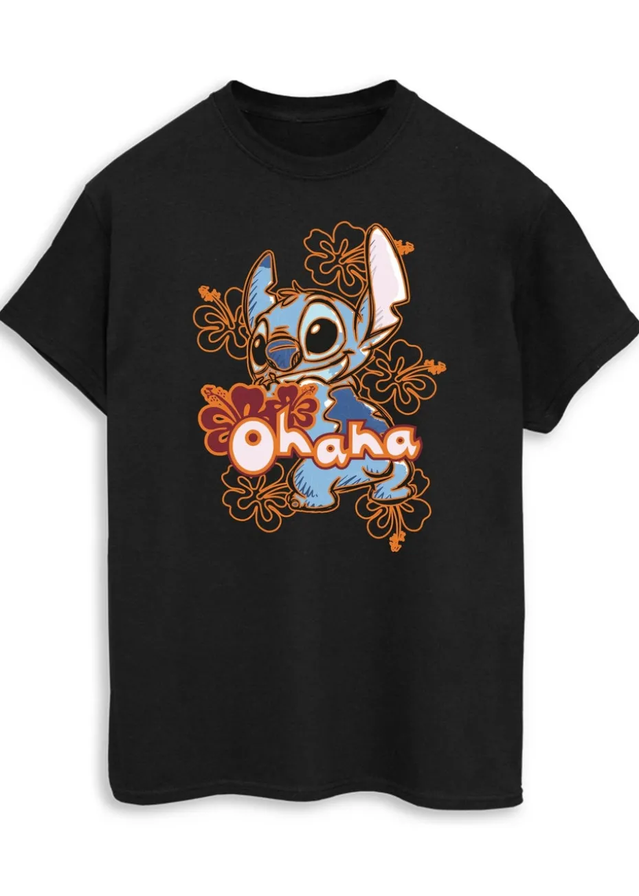 Disney Stitch Ohana Orange Hibiscus Women Black Printed Boyfriend Fit T-Shirt
