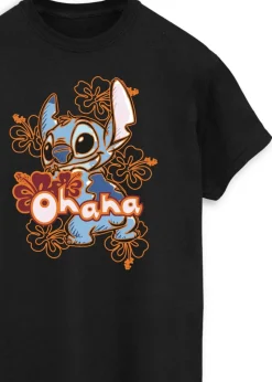 Disney Stitch Ohana Orange Hibiscus Women Black Printed Boyfriend Fit T-Shirt