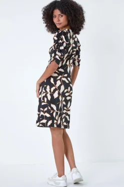 Dusk Black Ditsy Leaf Ruched Puff Sleeve Dress