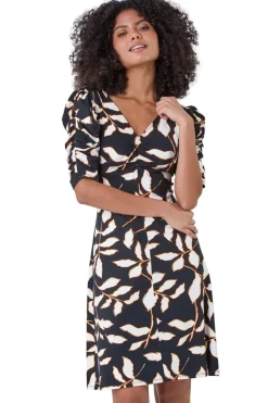 Dusk Black Ditsy Leaf Ruched Puff Sleeve Dress