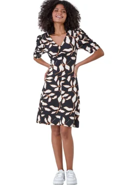 Dusk Black Ditsy Leaf Ruched Puff Sleeve Dress