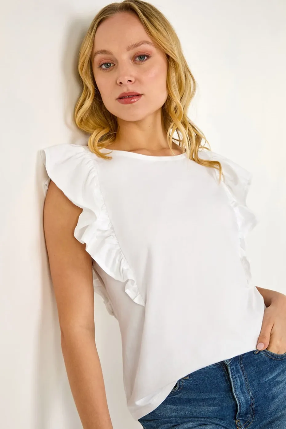 Dusk White Dusk Ruffle Detail Stretch T Shirt