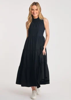 French Connection Black Cotton Blend Sleeveless Poplin Tiered Midi Dress
