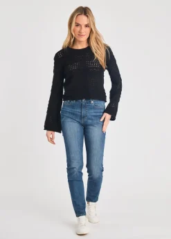 French Connection Black Crew Neck Long Sleeve Crochet Bobble Knit Jumper