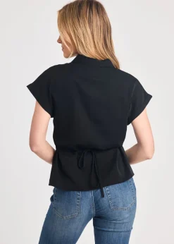 French Connection Black V-Neck Button Up Short Sleeve Crepe Blouse
