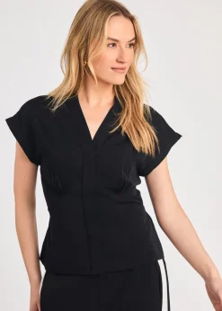French Connection Black V-Neck Button Up Short Sleeve Crepe Blouse
