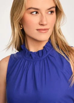 French Connection Blue Cotton Blend Sleeveless Poplin Tiered Midi Dress