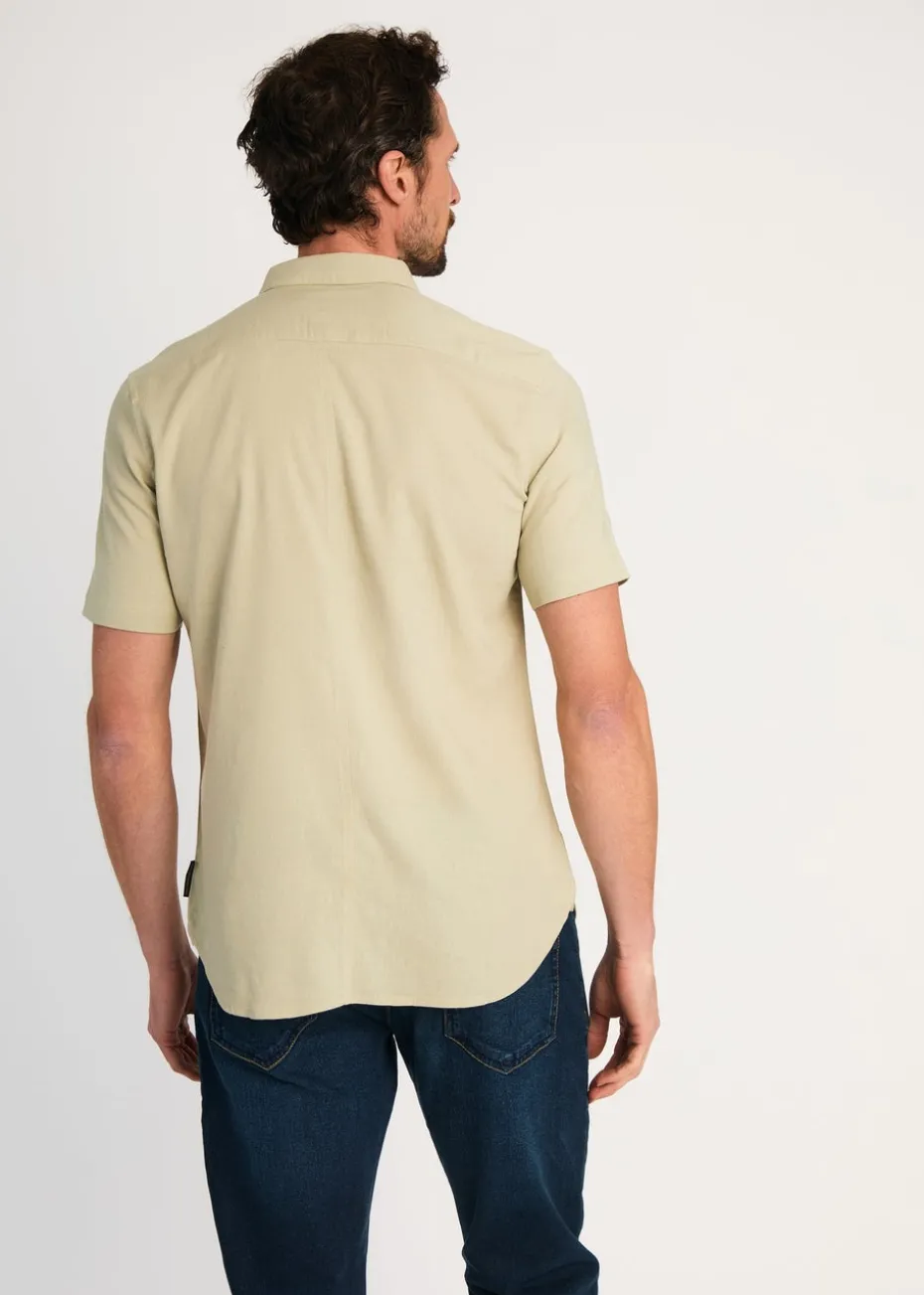 French Connection Green Linen Blend Short Sleeve Chest Pocket Shirt