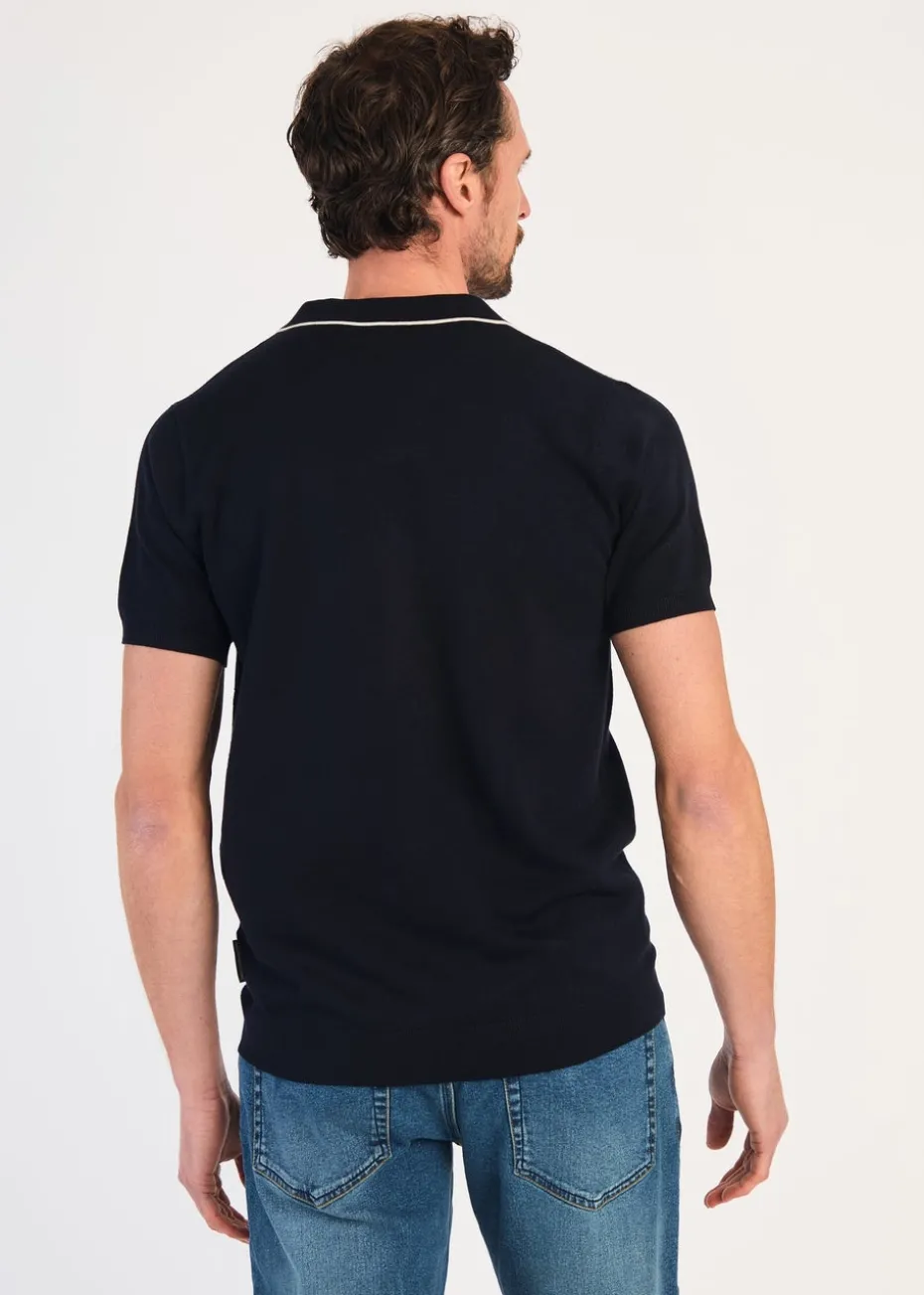 French Connection Navy Short Sleeve Open Collar Trimmed Polo Shirt
